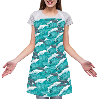 Dolphin Riding Waves Pattern Print Adjustable Apron