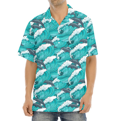 Dolphin Riding Waves Pattern Print Aloha Shirt