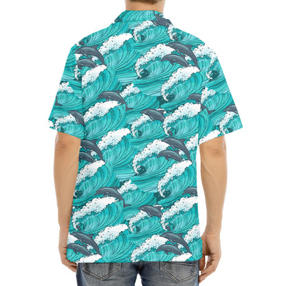 Dolphin Riding Waves Pattern Print Aloha Shirt