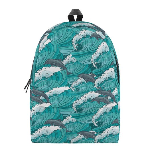 Dolphin Riding Waves Pattern Print Backpack