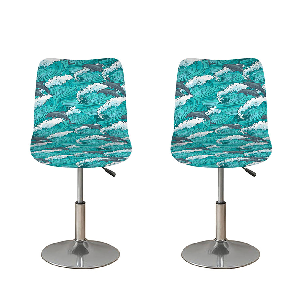 Dolphin Riding Waves Pattern Print Bar Stool Covers