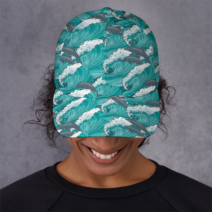Dolphin Riding Waves Pattern Print Baseball Cap