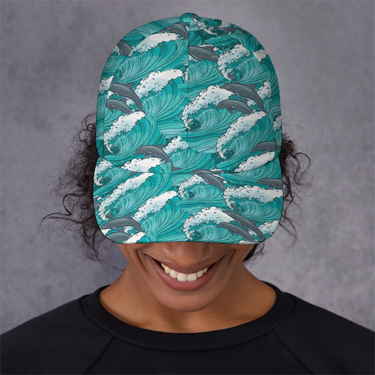 Dolphin Riding Waves Pattern Print Baseball Cap