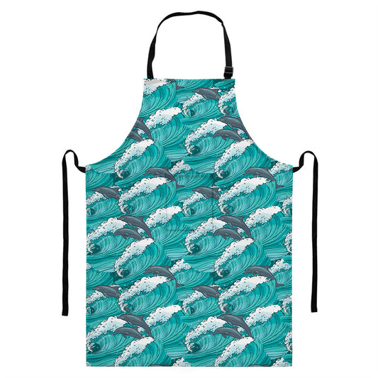 Dolphin Riding Waves Pattern Print Bib Apron With Pocket