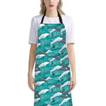 Dolphin Riding Waves Pattern Print Bib Apron With Pocket