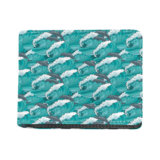 Dolphin Riding Waves Pattern Print Bifold Wallet