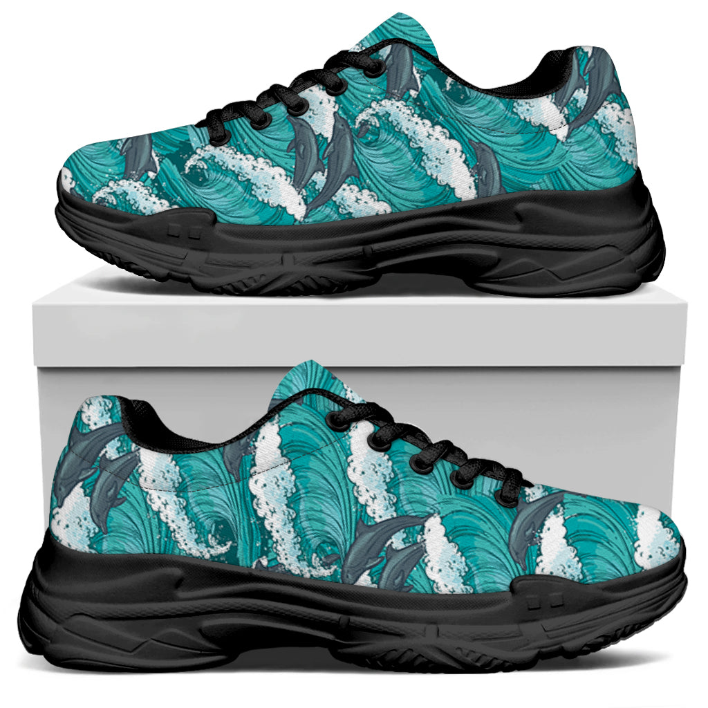 Dolphin Riding Waves Pattern Print Black Chunky Shoes