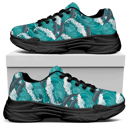 Dolphin Riding Waves Pattern Print Black Chunky Shoes