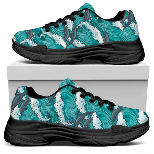 Dolphin Riding Waves Pattern Print Black Chunky Shoes