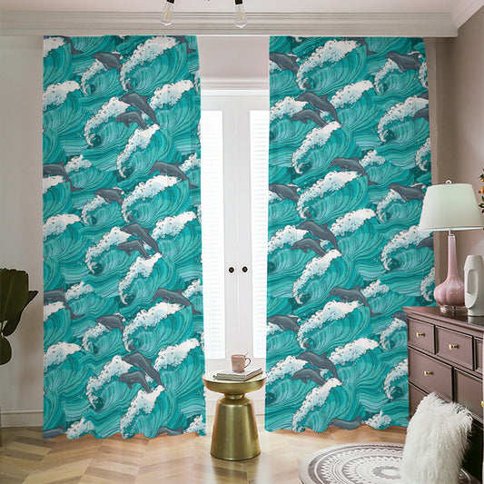 Dolphin Riding Waves Pattern Print Blackout Pencil Pleat Curtains