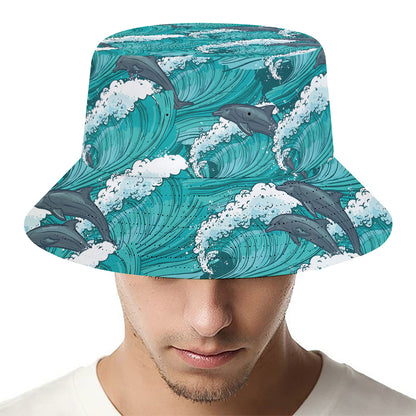 Dolphin Riding Waves Pattern Print Bucket Hat