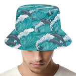 Dolphin Riding Waves Pattern Print Bucket Hat