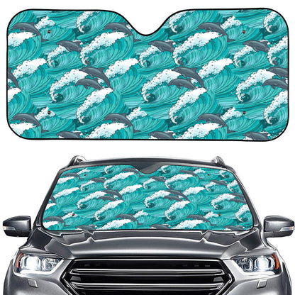 Dolphin Riding Waves Pattern Print Car Windshield Sun Shade
