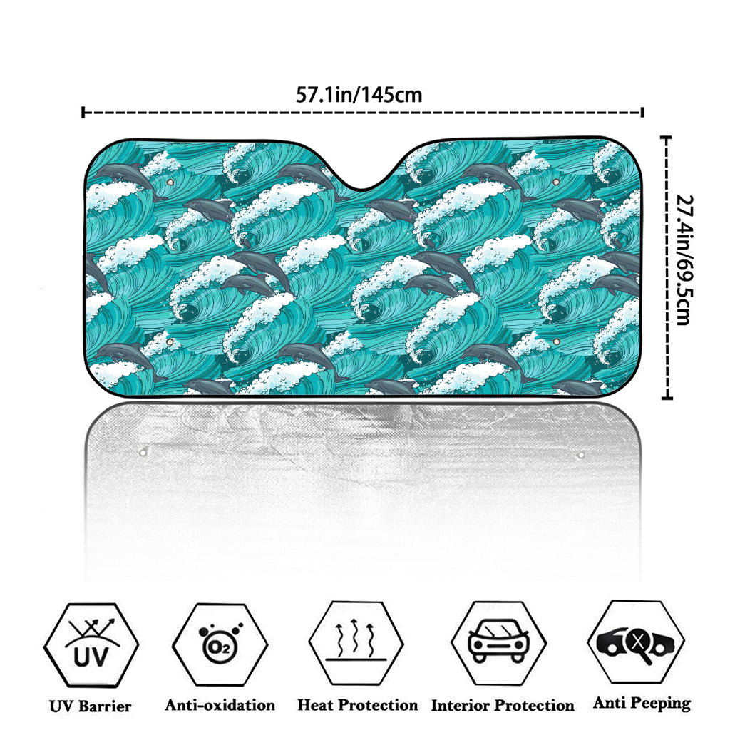 Dolphin Riding Waves Pattern Print Car Windshield Sun Shade