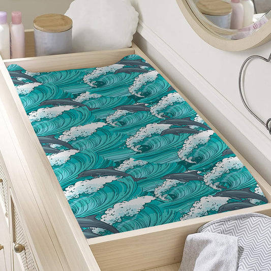 Dolphin Riding Waves Pattern Print Changing Pad Cover