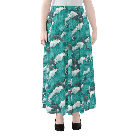 Dolphin Riding Waves Pattern Print Chiffon Maxi Skirt