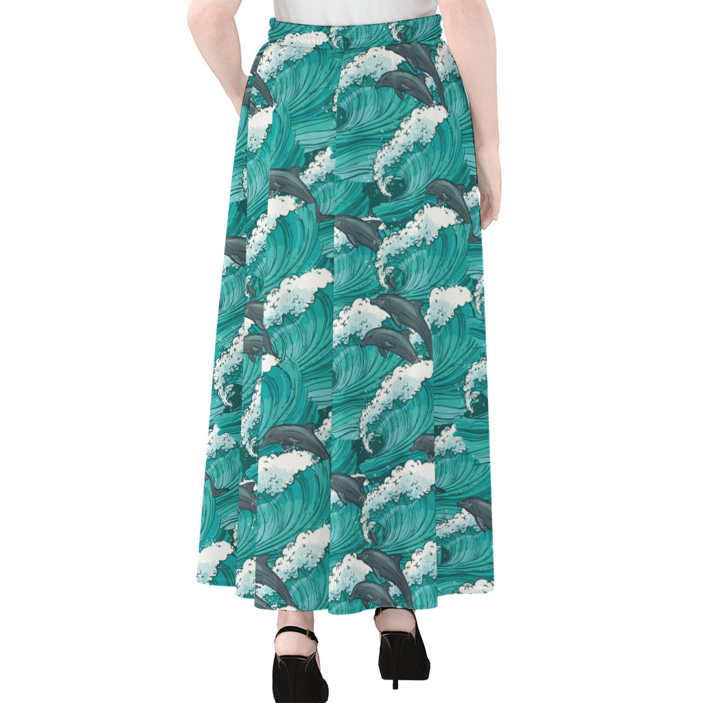 Dolphin Riding Waves Pattern Print Chiffon Maxi Skirt