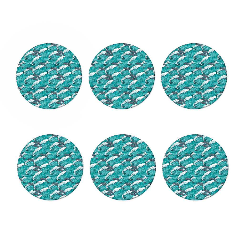 Dolphin Riding Waves Pattern Print Coaster Set