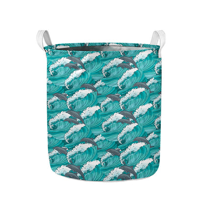 Dolphin Riding Waves Pattern Print Collapsible Laundry Basket