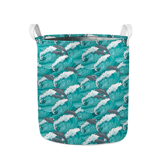 Dolphin Riding Waves Pattern Print Collapsible Laundry Basket
