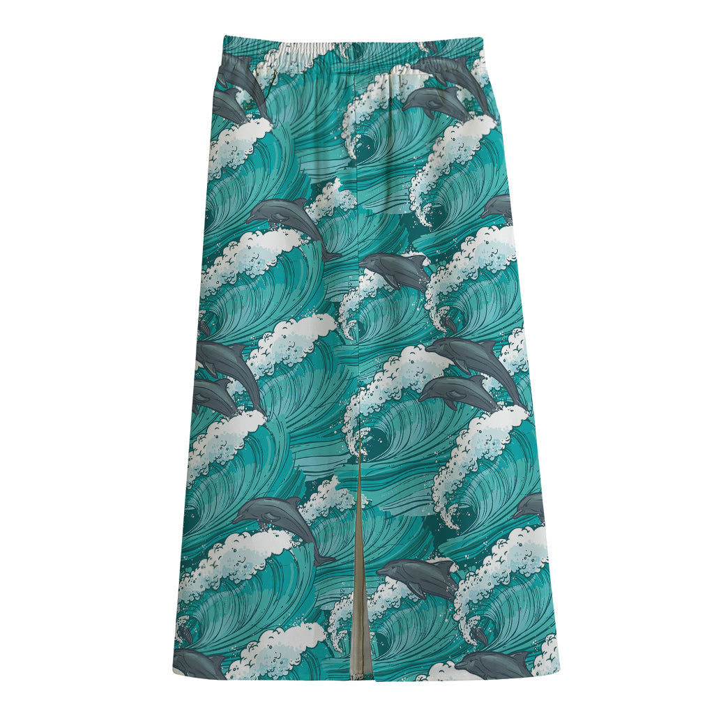 Dolphin Riding Waves Pattern Print Cotton Front Slit Maxi Skirt
