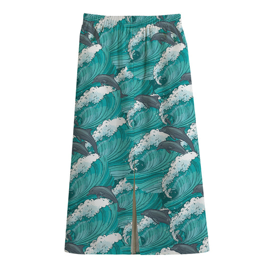 Dolphin Riding Waves Pattern Print Cotton Front Slit Maxi Skirt