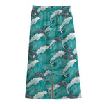 Dolphin Riding Waves Pattern Print Cotton Front Slit Maxi Skirt