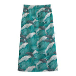 Dolphin Riding Waves Pattern Print Cotton Front Slit Maxi Skirt