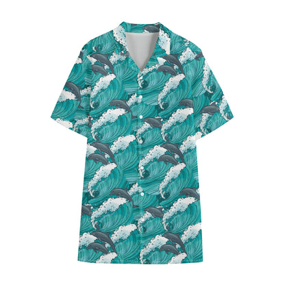 Dolphin Riding Waves Pattern Print Cotton Hawaiian Shirt