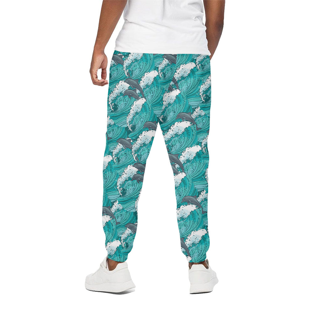 Dolphin Riding Waves Pattern Print Cotton Pants