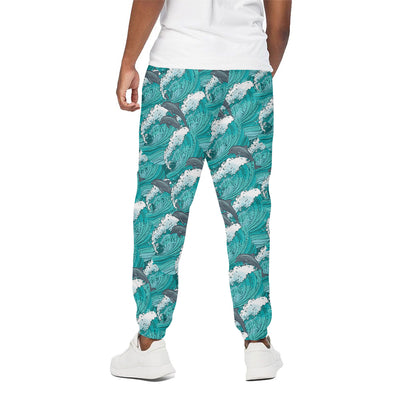Dolphin Riding Waves Pattern Print Cotton Pants