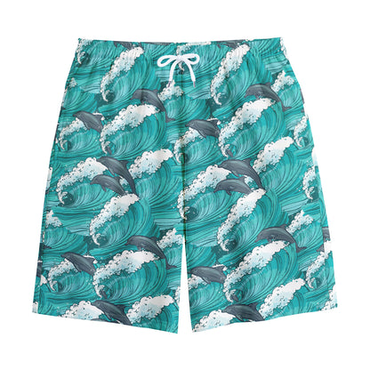 Dolphin Riding Waves Pattern Print Cotton Shorts