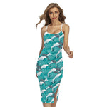 Dolphin Riding Waves Pattern Print Cross Back Cami Dress