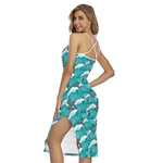 Dolphin Riding Waves Pattern Print Cross Back Cami Dress