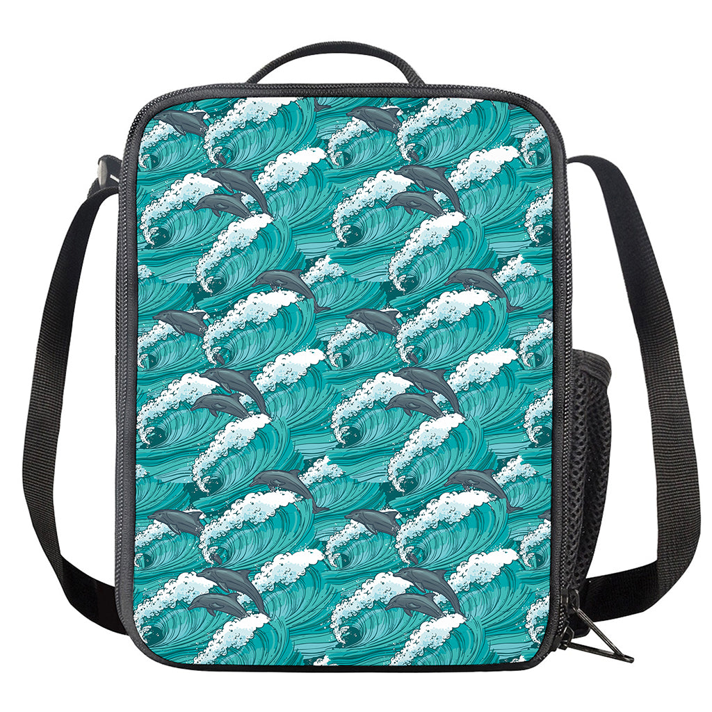 Dolphin Riding Waves Pattern Print Crossbody Lunch Bag