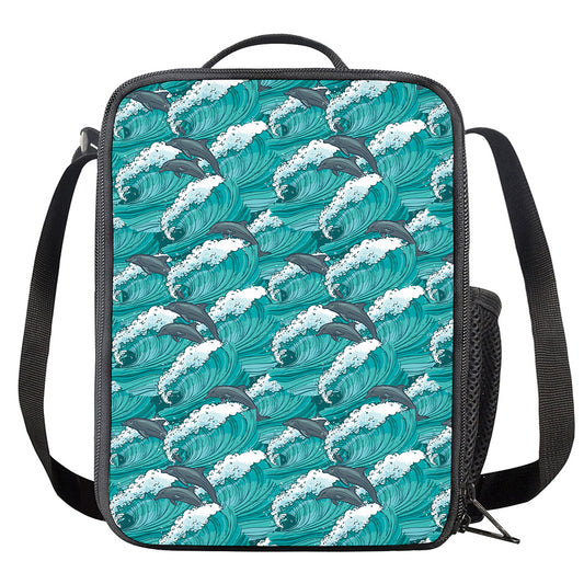 Dolphin Riding Waves Pattern Print Crossbody Lunch Bag