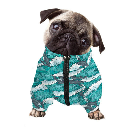 Dolphin Riding Waves Pattern Print Dog Zip Up Jacket