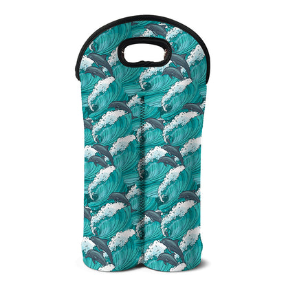 Dolphin Riding Waves Pattern Print Double Neoprene Wine Tote