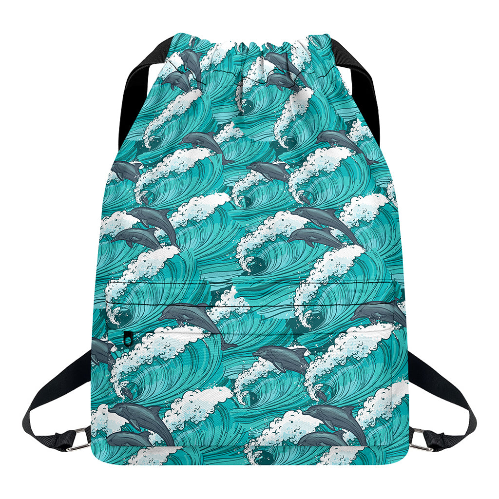Dolphin Riding Waves Pattern Print Drawstring Backpack