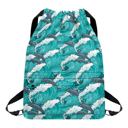 Dolphin Riding Waves Pattern Print Drawstring Backpack