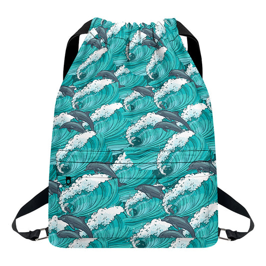 Dolphin Riding Waves Pattern Print Drawstring Backpack