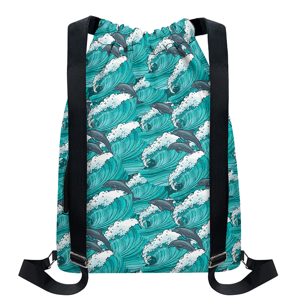Dolphin Riding Waves Pattern Print Drawstring Backpack