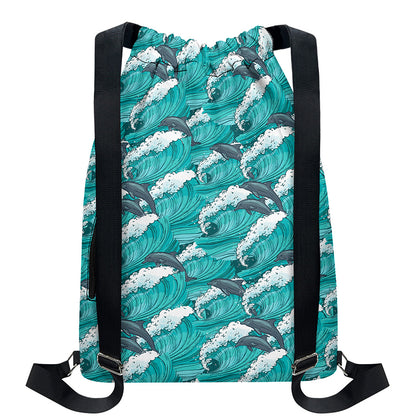 Dolphin Riding Waves Pattern Print Drawstring Backpack