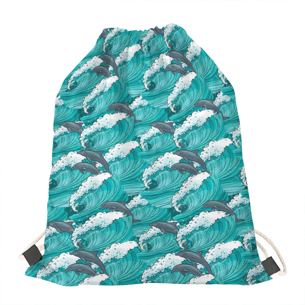 Dolphin Riding Waves Pattern Print Drawstring Bag