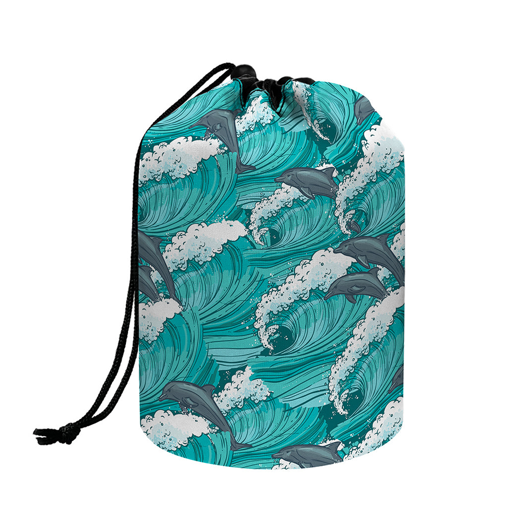 Dolphin Riding Waves Pattern Print Drawstring Makeup Bag