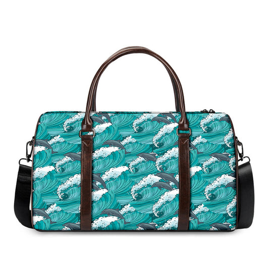 Dolphin Riding Waves Pattern Print Duffle Bag