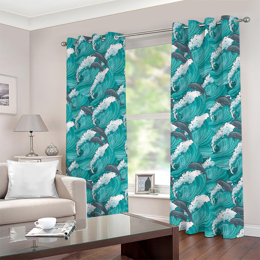 Dolphin Riding Waves Pattern Print Extra Wide Grommet Curtains