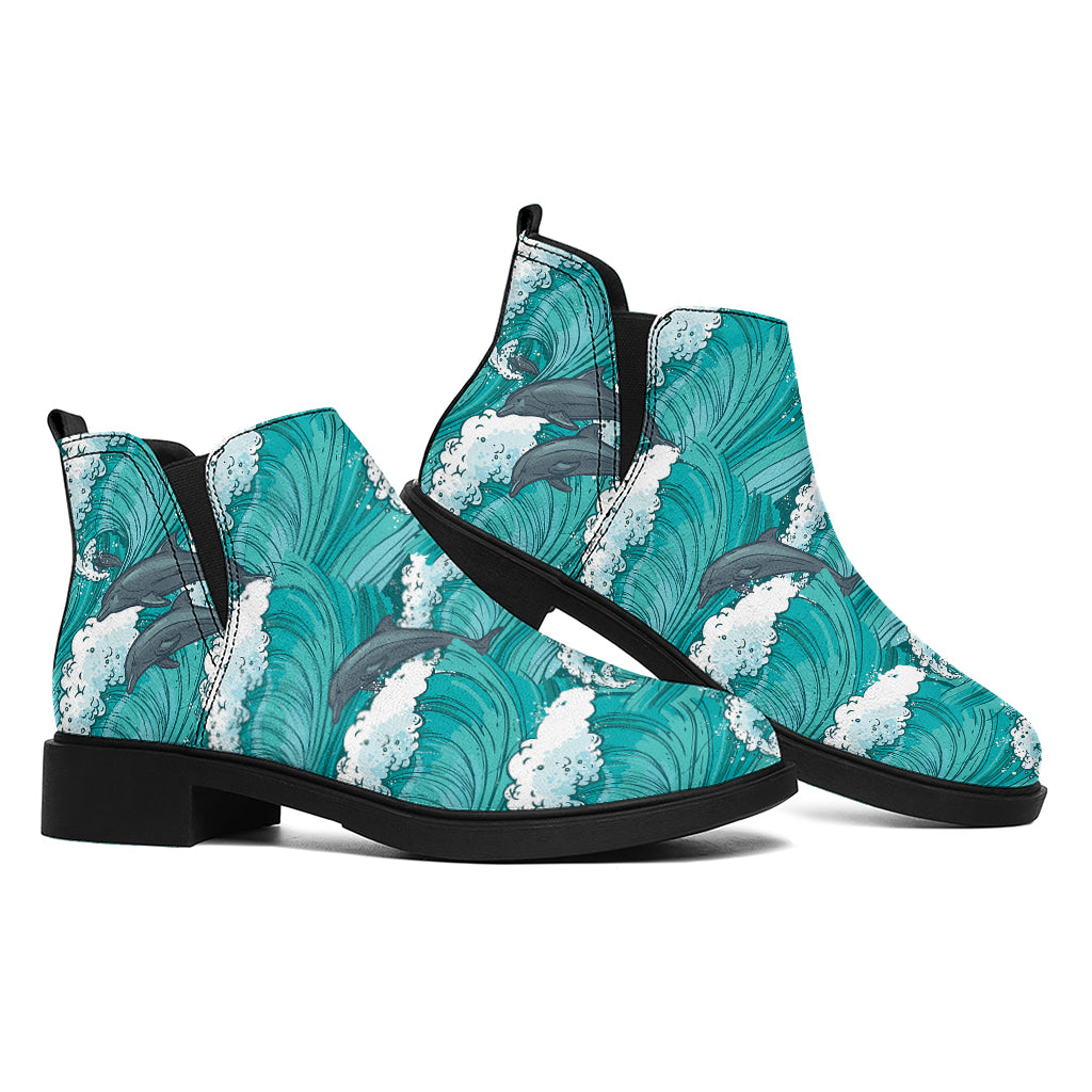 Dolphin Riding Waves Pattern Print Flat Ankle Boots