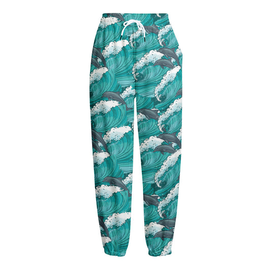 Dolphin Riding Waves Pattern Print Fleece Lined Knit Pants