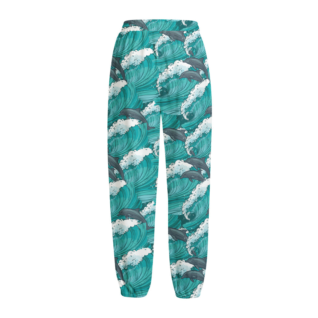 Dolphin Riding Waves Pattern Print Fleece Lined Knit Pants